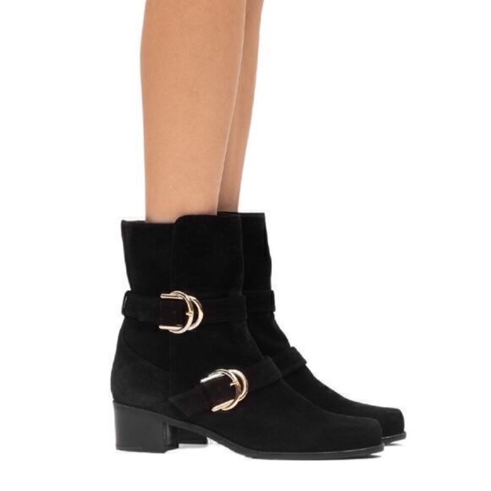 Stuart Weitzman Britain Mid-Calf Boots Black‎ Suede 6.5 Gold Buckle Zip Spain